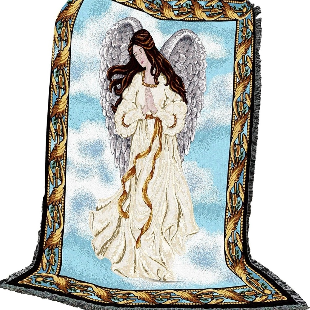 Vintage Angel Woven Tapestry Throw Blanket Fringe Christian Decor Guardian Angel